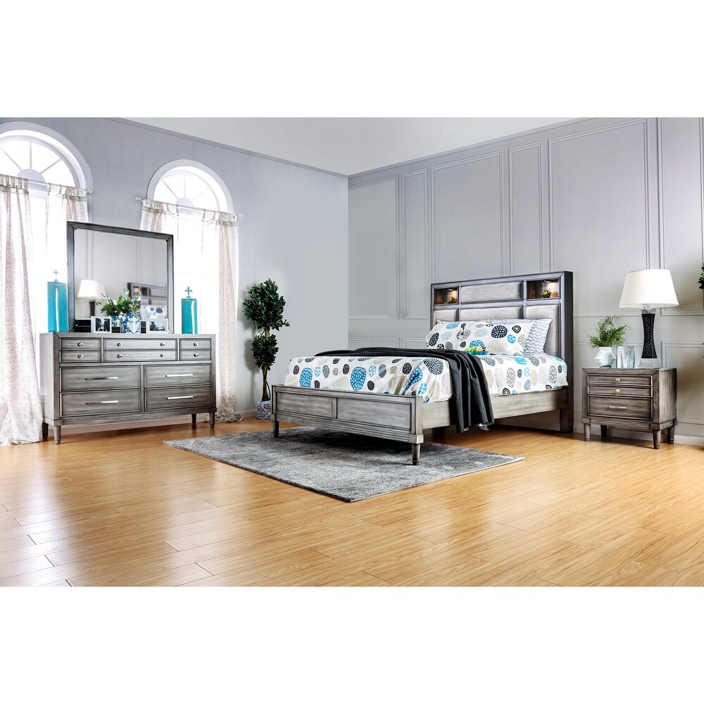 Laum Transitional Grey Wood Upholstered 4 Piece Panel Bedroom Set with Light by Furniture of America