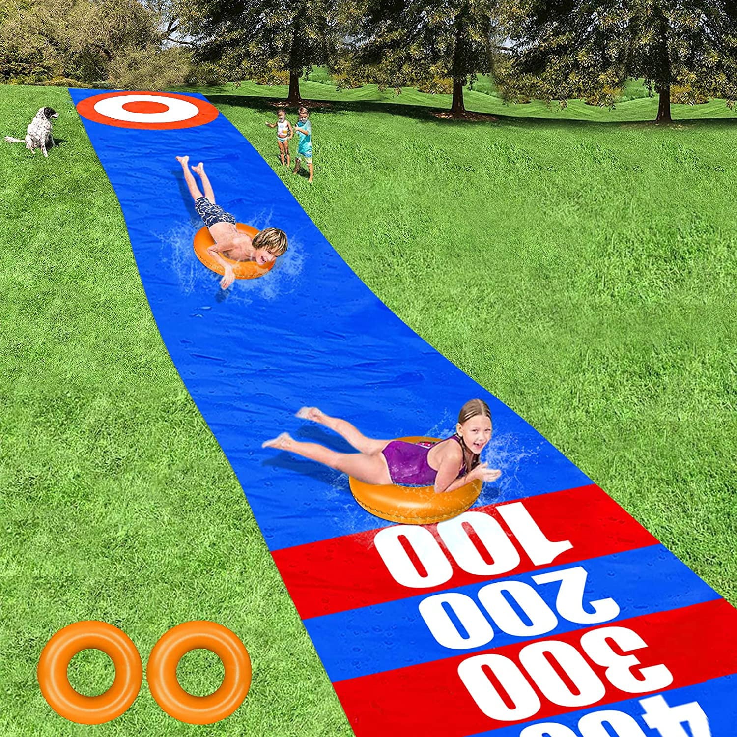 Kids Slip and Slide Water Slide 33ft x 59in Backyard Waterslide with Inflatable Pool Floats Outdoor Water Toys Sliding Racing Lane for Adults Summer Yard Lawn Games