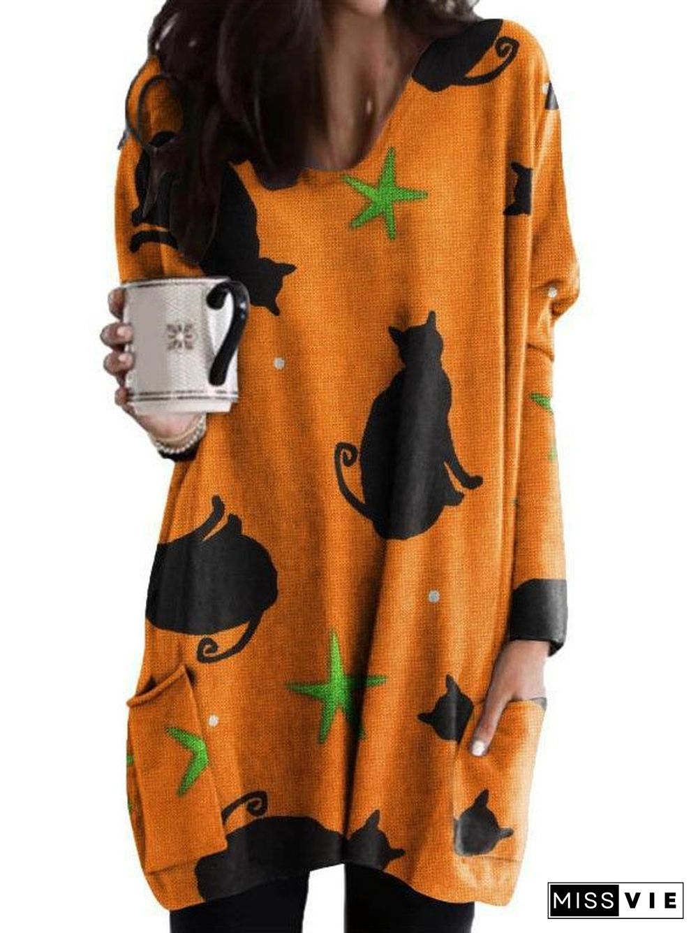 Women's  Halloween Graphic Printed V-Neck Long Sleeve Maxi Dress