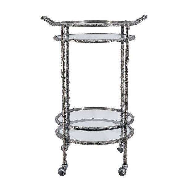 30 Inch Rolling Bar Cart， 2 Tier， Wheels， Aluminum Frame， Antique Silver