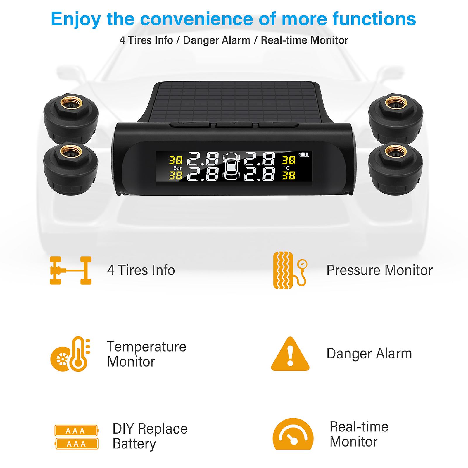 Black Car Tpms Tire Pressure Monitoring System Car Wireless Alarm System Tpms， 4 External Sensors， Tire Pressure and Temperature Real-time Display