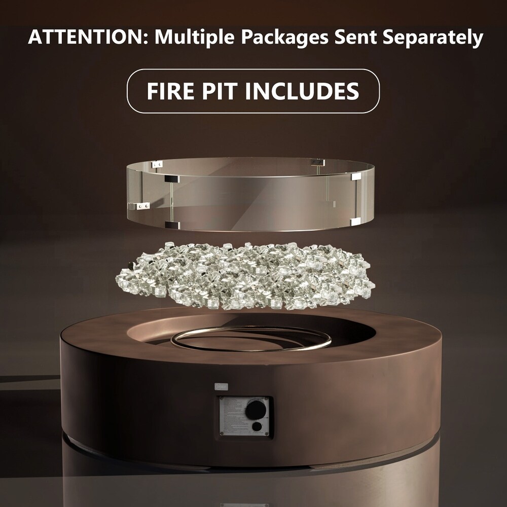 COSIEST Outdoor Round Propane Fire Pit w Wind Guard and Fire Glass