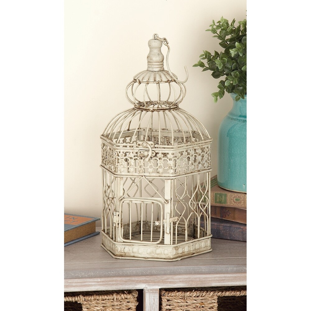 Cream Metal Vintage Birdcage with Latch Lock Closure and Hanging Hook (Set of 2)   10 x 10 x 21