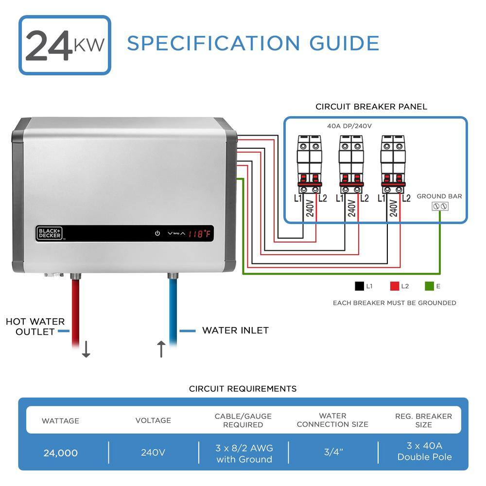 BLACK+DECKER 24 kW 4.65 GPM Residential Electric Tankless Water Heater Ideal for 2 Bedroom Home Up to 5 Simultaneous Applications BD-24HD