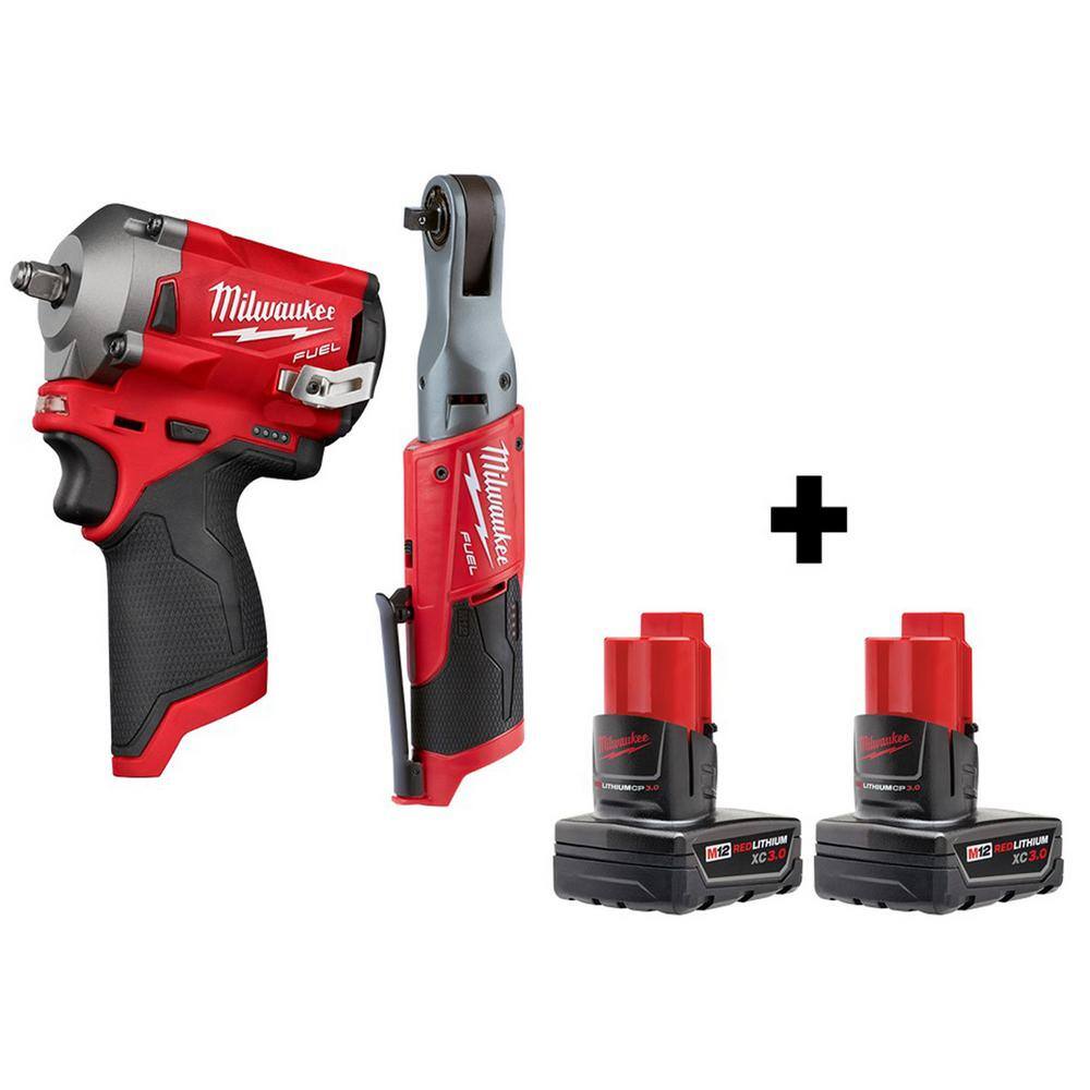 MW M12 FUEL 12V Lithium-Ion Brushless Cordless Stubby 38 in. Impact Wrench  38 in. Ratchet with two 3.0 Ah Batteries 2554-20-2557-20-48-11-2412