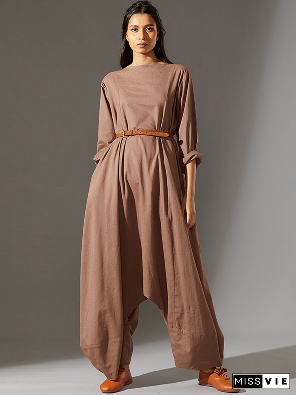 Casual Loose Long Sleeves Solid Color Boat Neck Jumpsuits