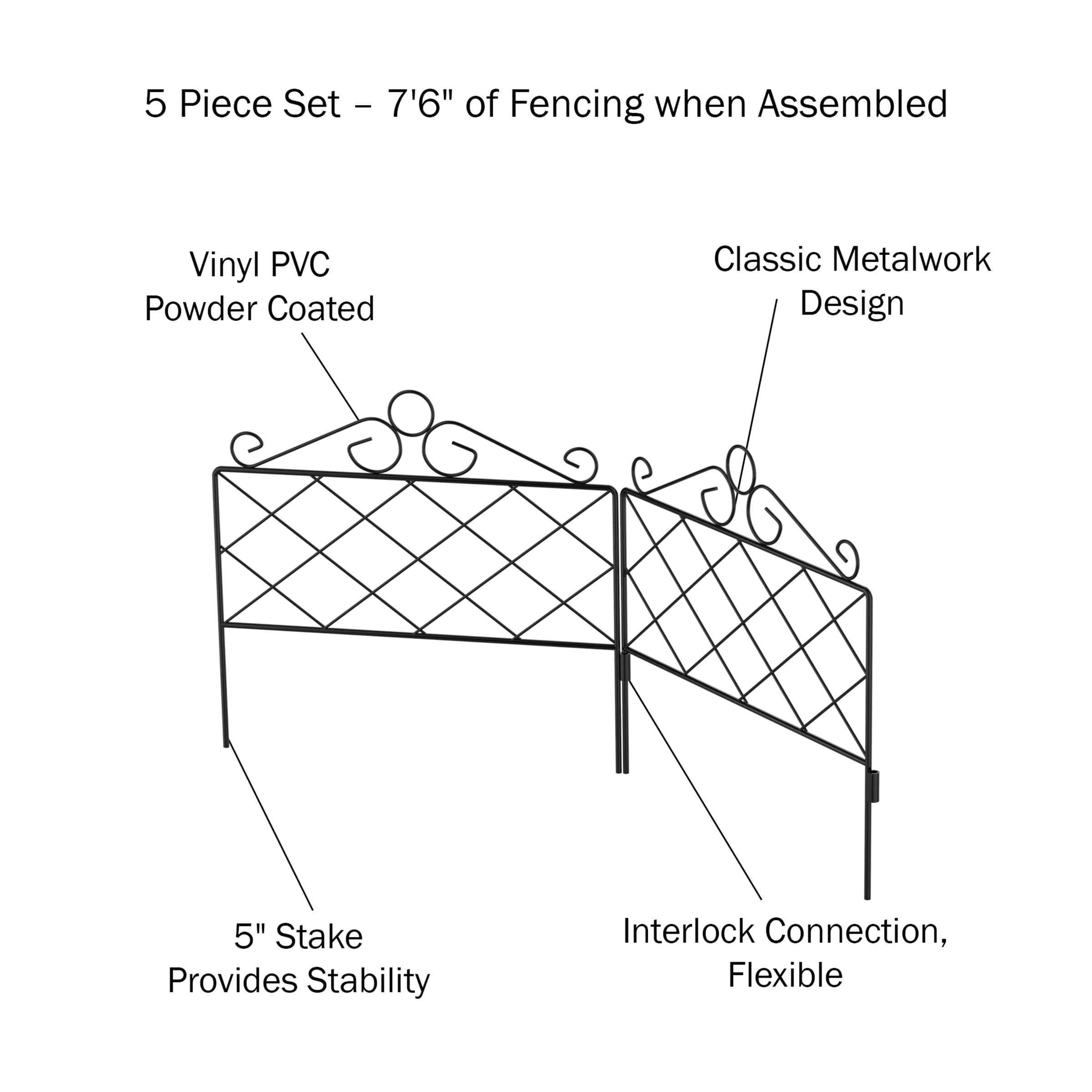 Metal Garden Fencing- Set of 5 Panels for Decorative Edging Flower Beds & Landscaping- Interlocking, Flexible, Azalea Design in Black by Pure Garden