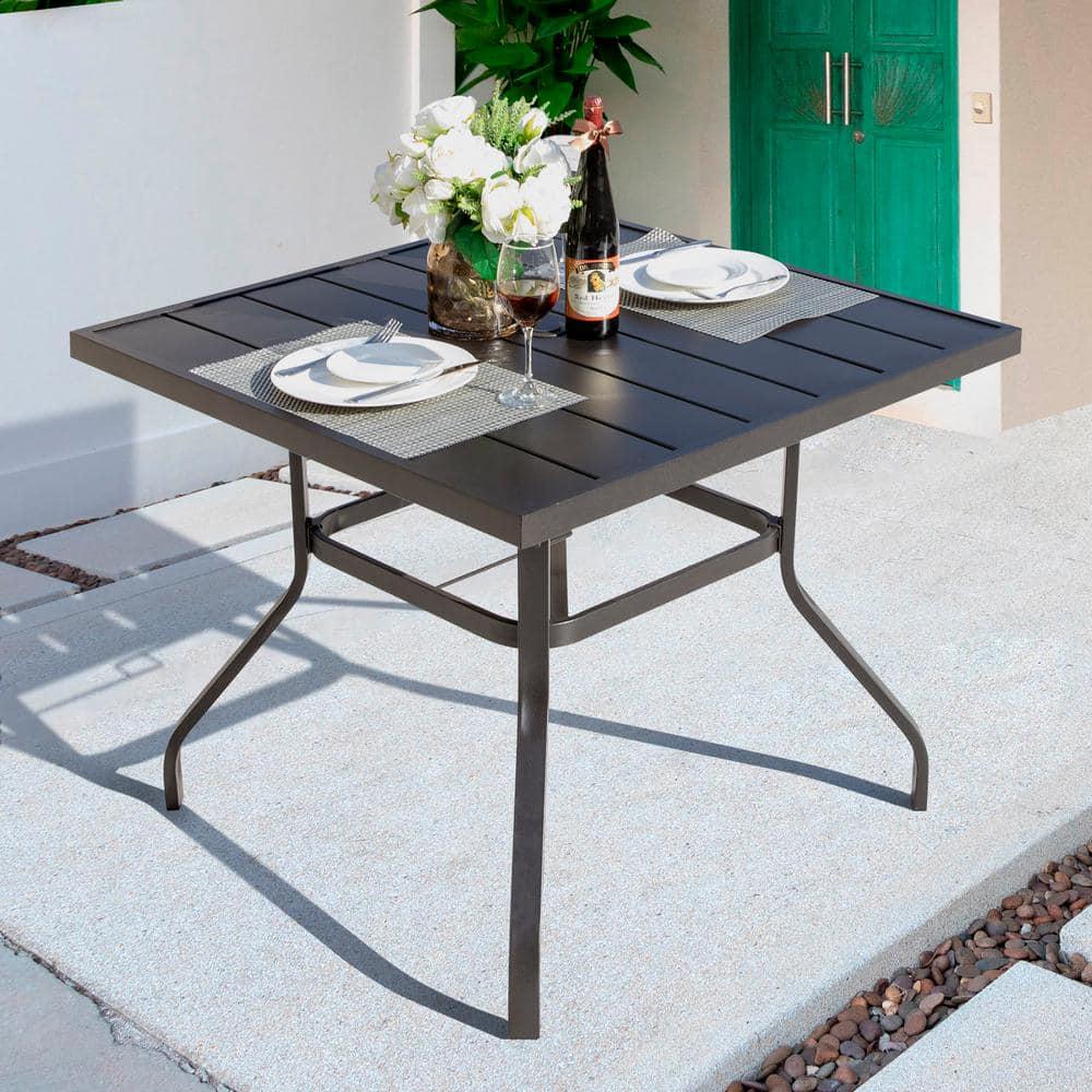 Nuu Garden Black Square Metal Outdoor Patio Dining Table with Umbrella Hole