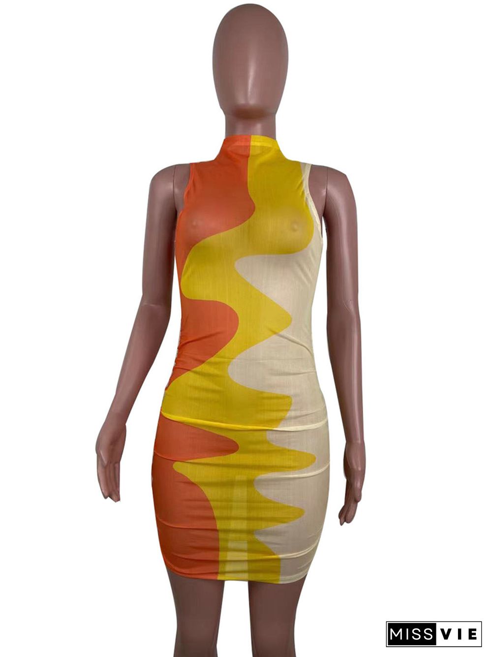 Mesh Print O-neck Sleeveless Ruched Bodycon Dress