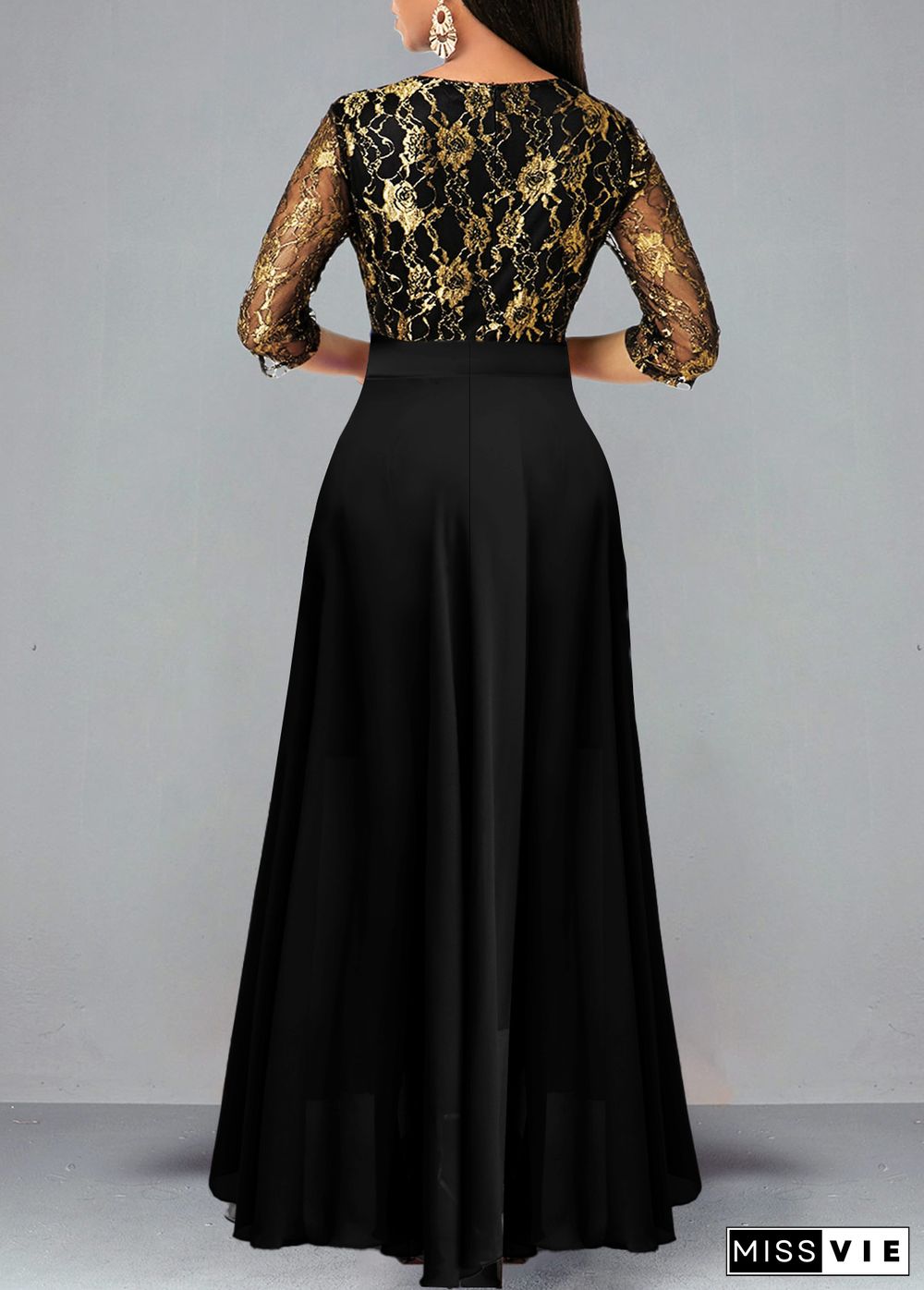 Floral Lace Patchwork High Low Black Dress