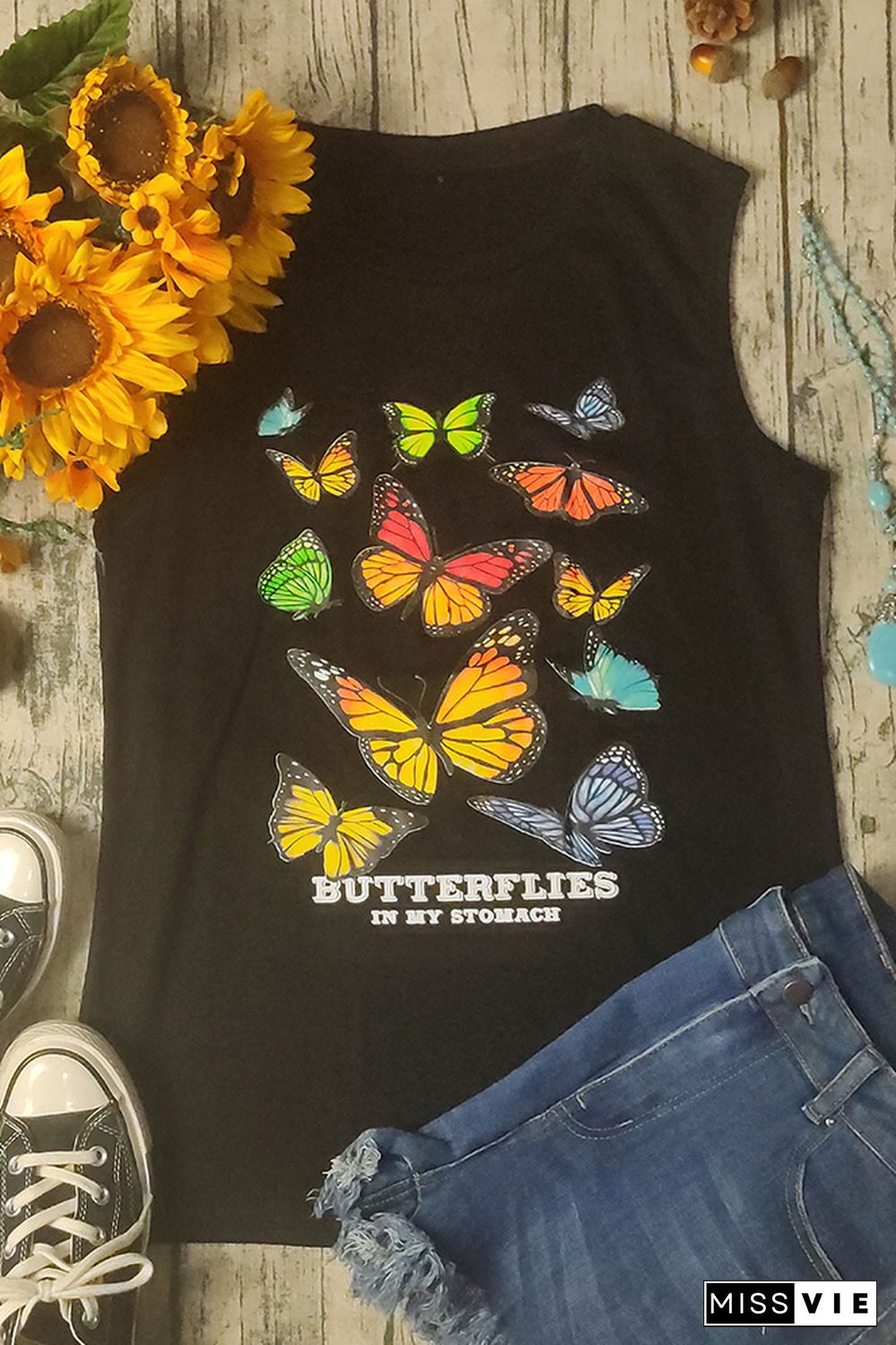 Blue Butterfly Print Graphy Tank Tops