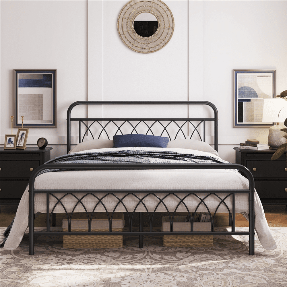 Yaheetech Metal Platform Bed with Headboard and Footboard, Queen Size, Black