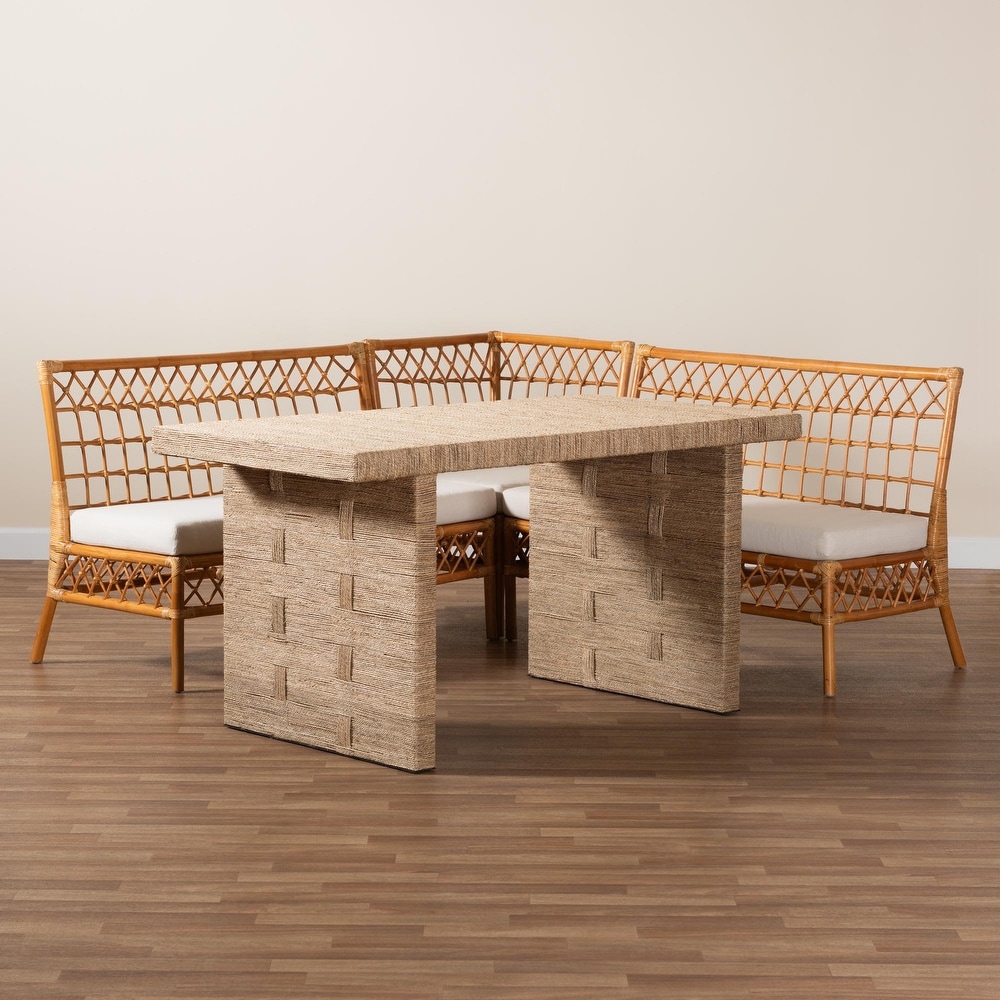 Abella Modern Bohemian Honey Rattan 4 Piece Dining Nook Set