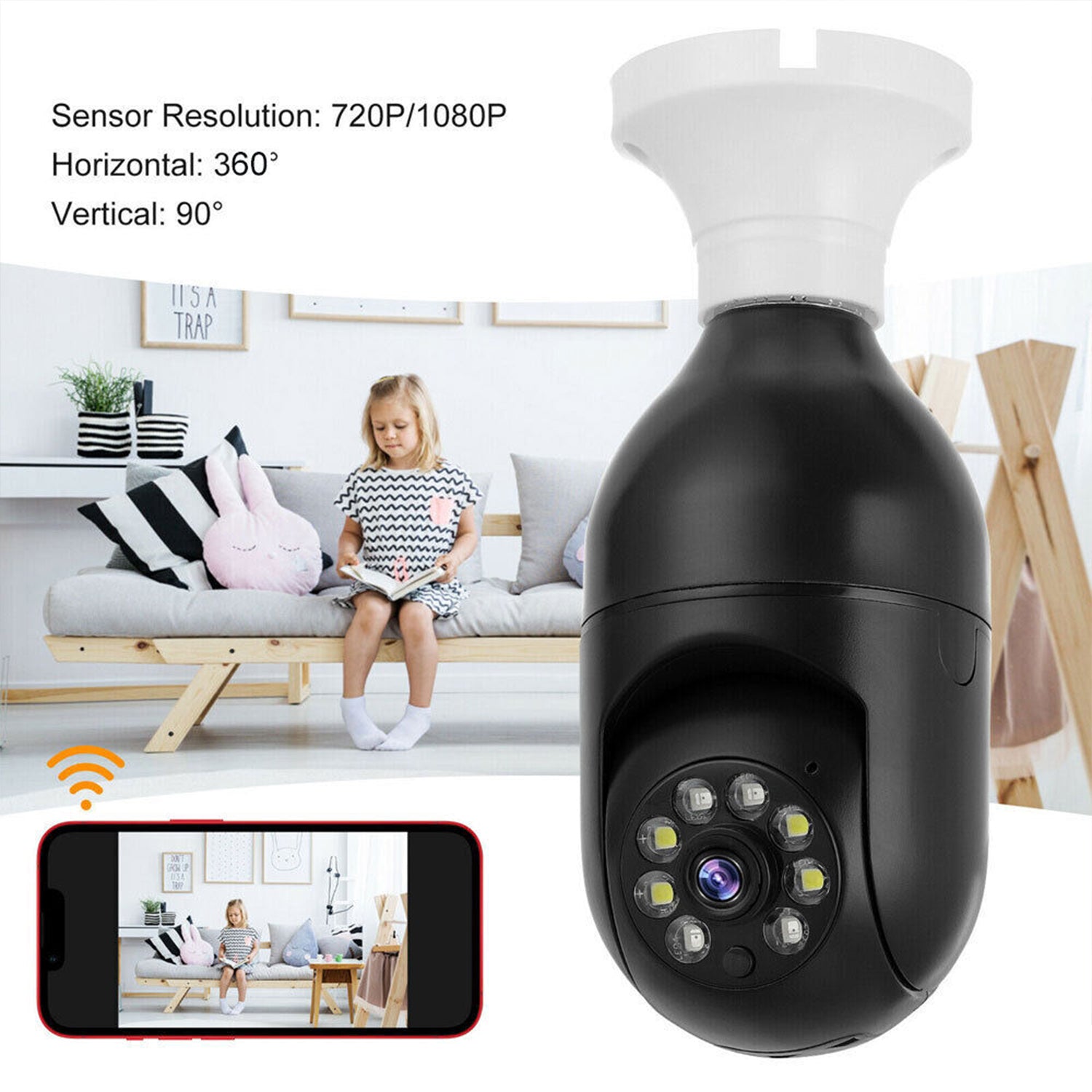 Xhy Light Bulb Security Camera Home Outdoor， 360° 1080P E27 Light Socket Camera for Home Security Wi-Fi IR Night Smart Home Wireless Camera