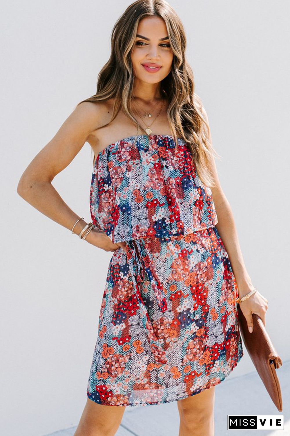 Red Floral Print Tiered Ruffled Bandeau Mini Dress