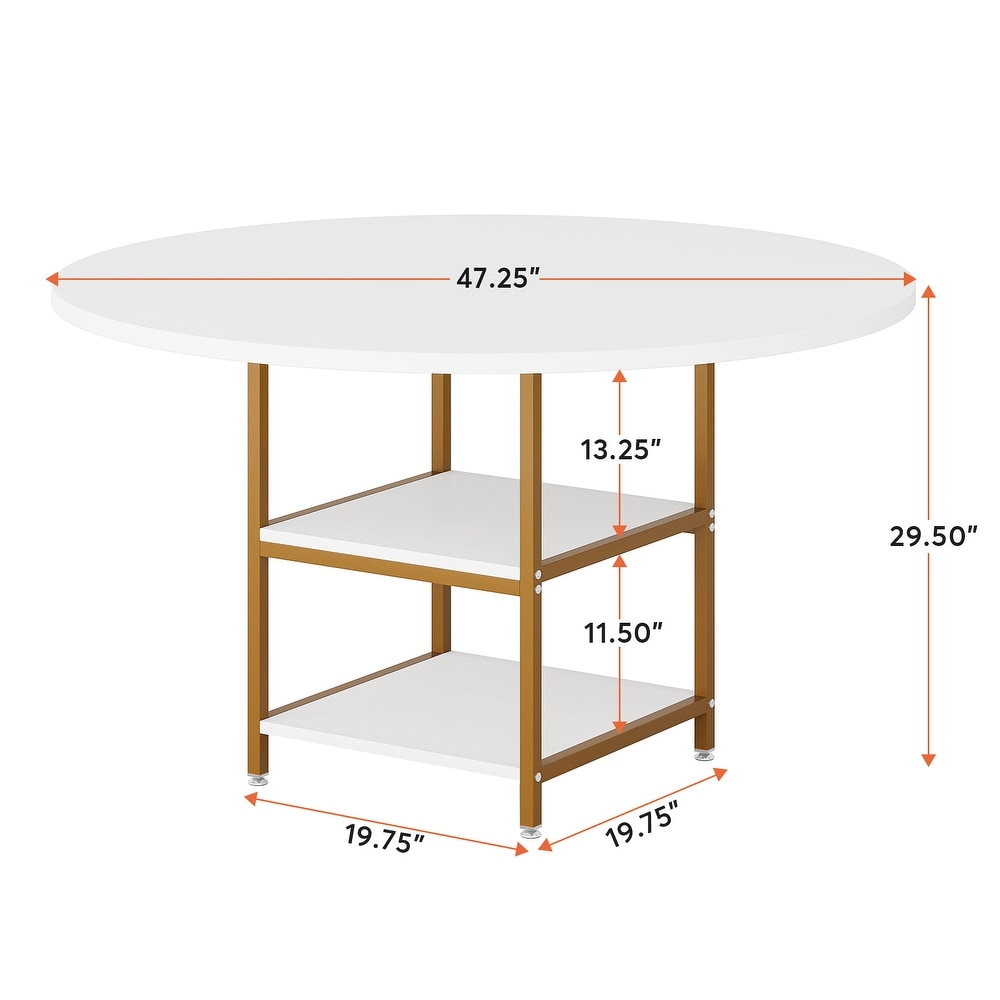 Round Dining Table with Storage Shelves for 4 Metal Legs Wood Table Top for Home Dining Room Living Room  Rustic Brown Black