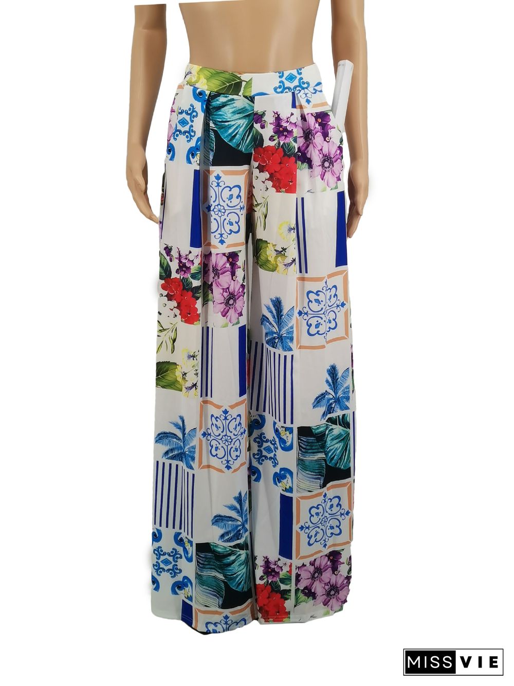 Women Casual High Waist Loose-Fitting Print Wide Leg Pants