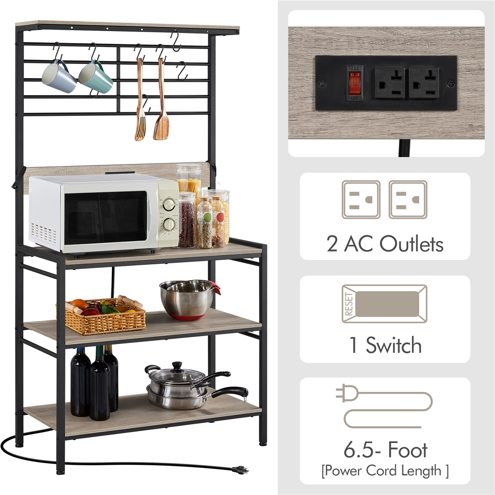 Topeakmart 64 H 4-tier Baker's Rack Storage with Power Outlet 5 S hooks for Kitchen， Gray