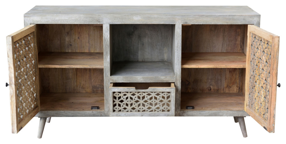 Halle 2 Doors  1 Drawer Hand Carved Media Console   Midcentury   Entertainment Centers And Tv Stands   by Moti  Houzz