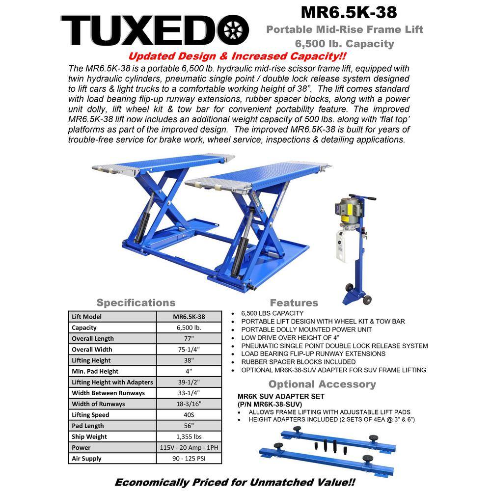 TUXEDO 6500 lbs. Capacity Mid-Rise Scissor Lift MR6.5K-38