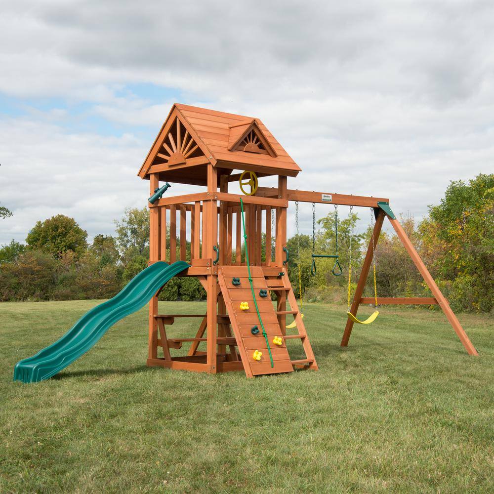 Swing-N-Slide Playsets Professionally Installed Sky Tower Complete Wooden Outdoor Playset with Slide Swings and Swing Set Accessories 6036