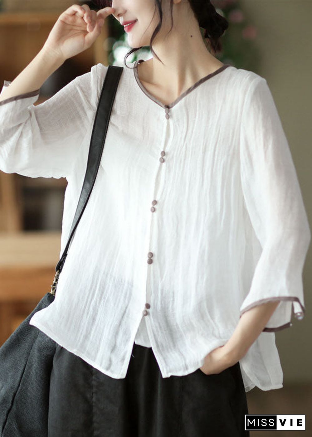 Elegant White O Neck Patchwork Linen Blouses Summer