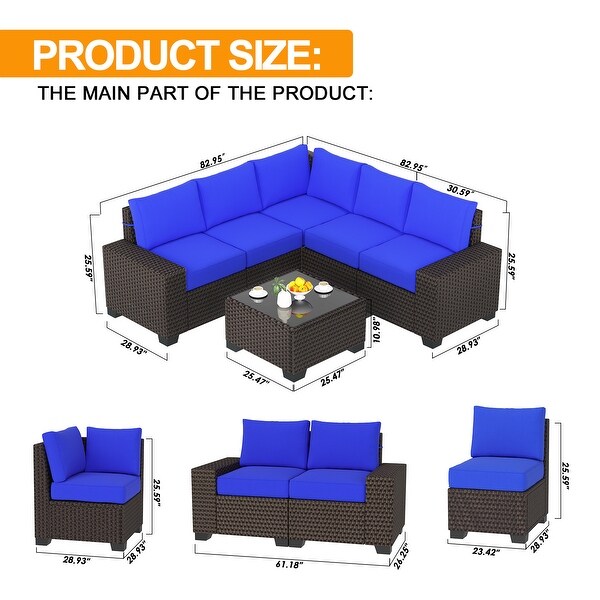 Outdoor Patio Sofa，6 Piece Rattan Furniture Set with Glass Table