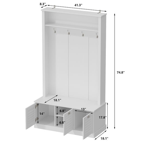 4 Cubby Wide Hall Tree With Bench and Coat Hooks White Shoe Storage