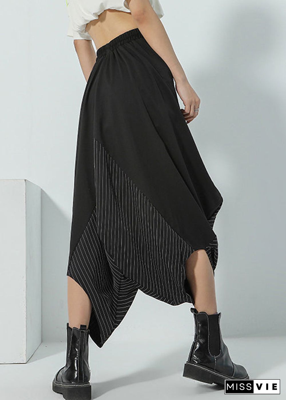 Italian Black Asymmetrical Pockets Striped Patchwork Wide Leg Pants Summer