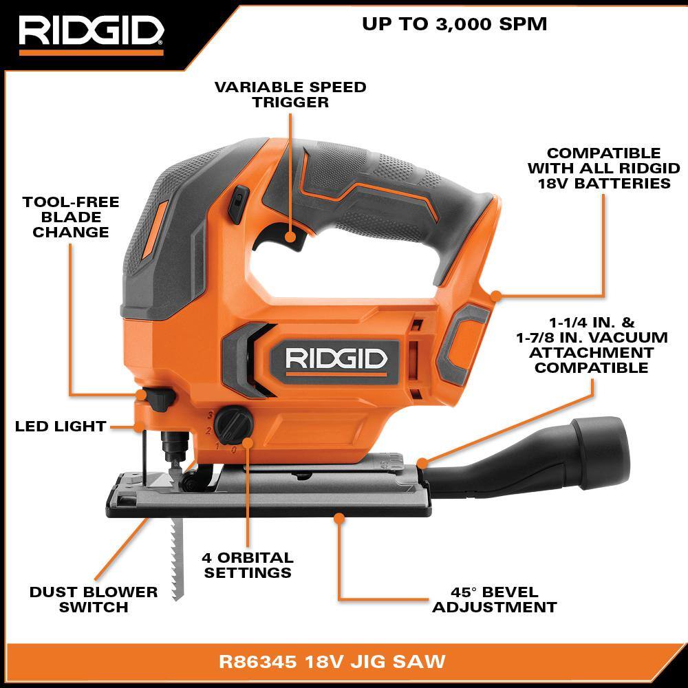 RIDGID 18V Cordless Jig Saw (Tool Only) R86345B