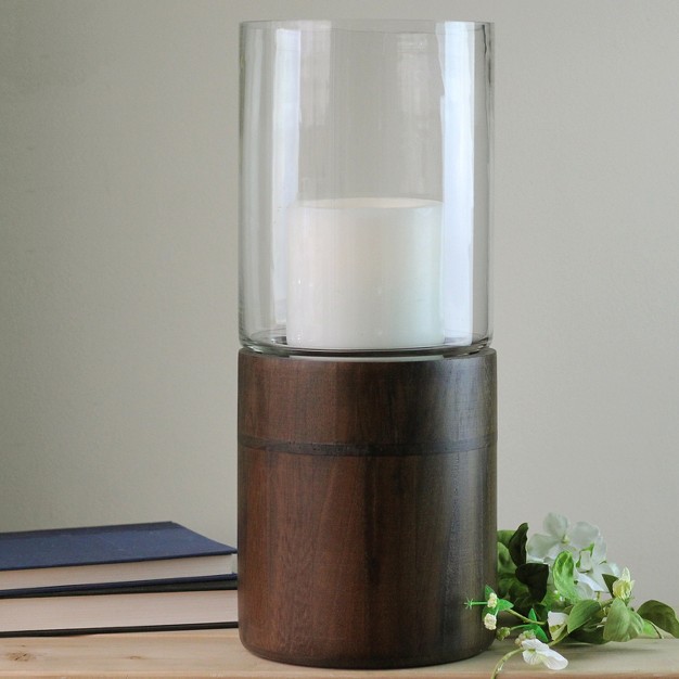 Clear Glass Hurricane Pillar Candle Holder With Wooden Base