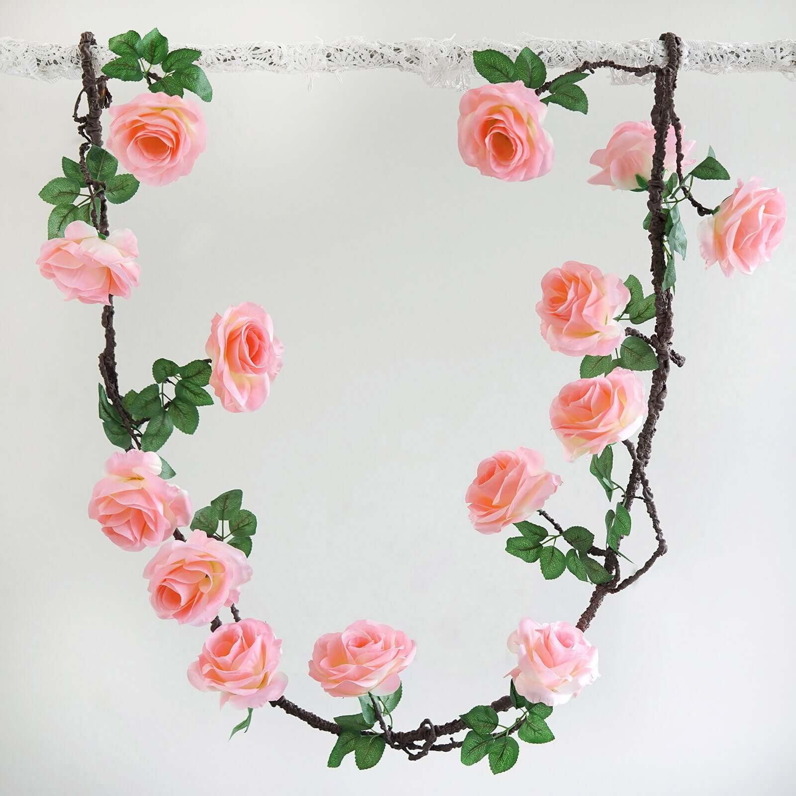 Pink Artificial Silk Rose Hanging Flower Garland, Faux Vine 6ft