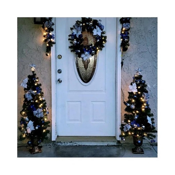 PreLit Holiday Christmas 4Piece Set with LED Lights，Christmas Garlands，Wreath and Set of 2 Entrance Trees