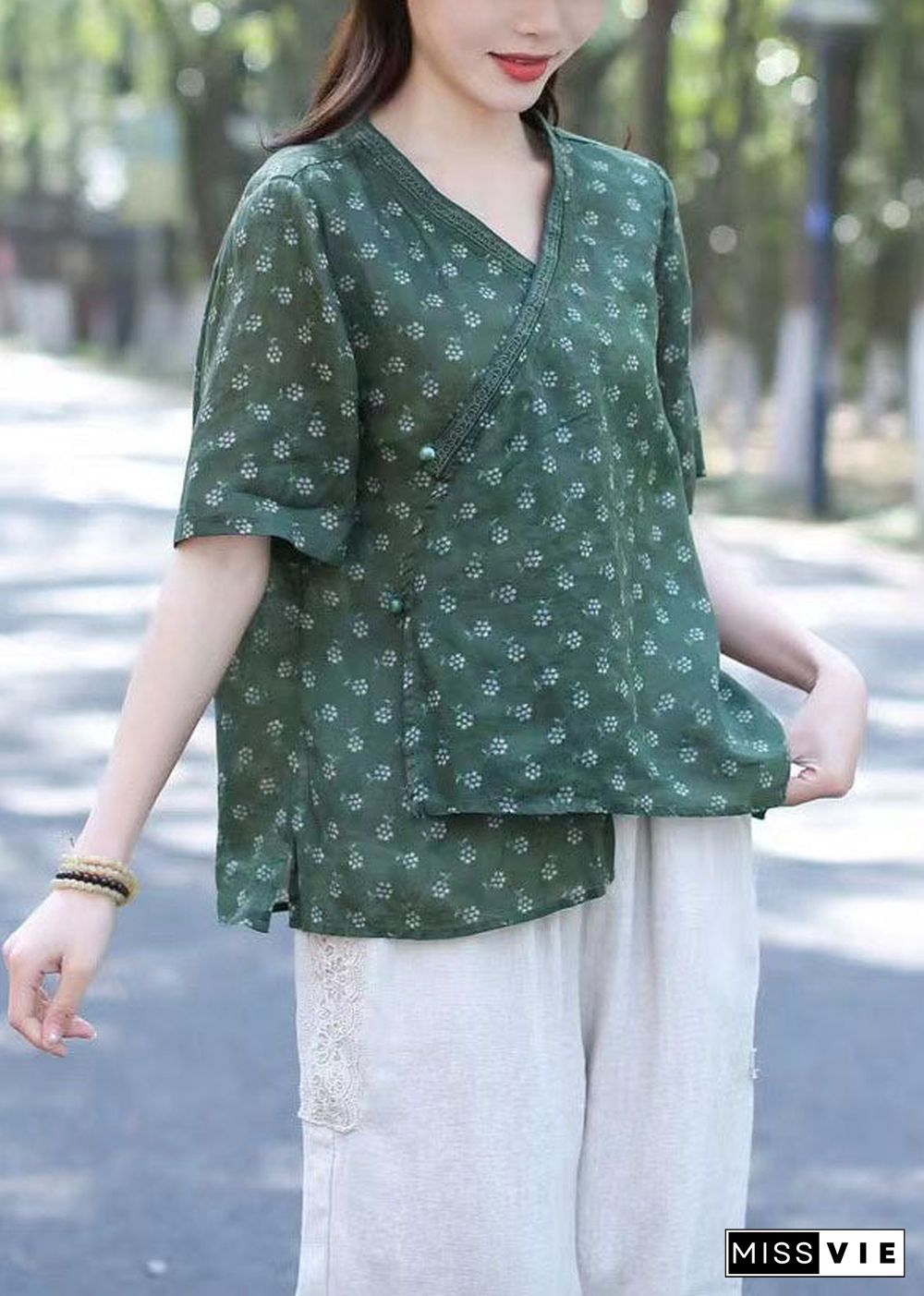 Women Green V Neck Print Patchwork Linen Blouses Summer