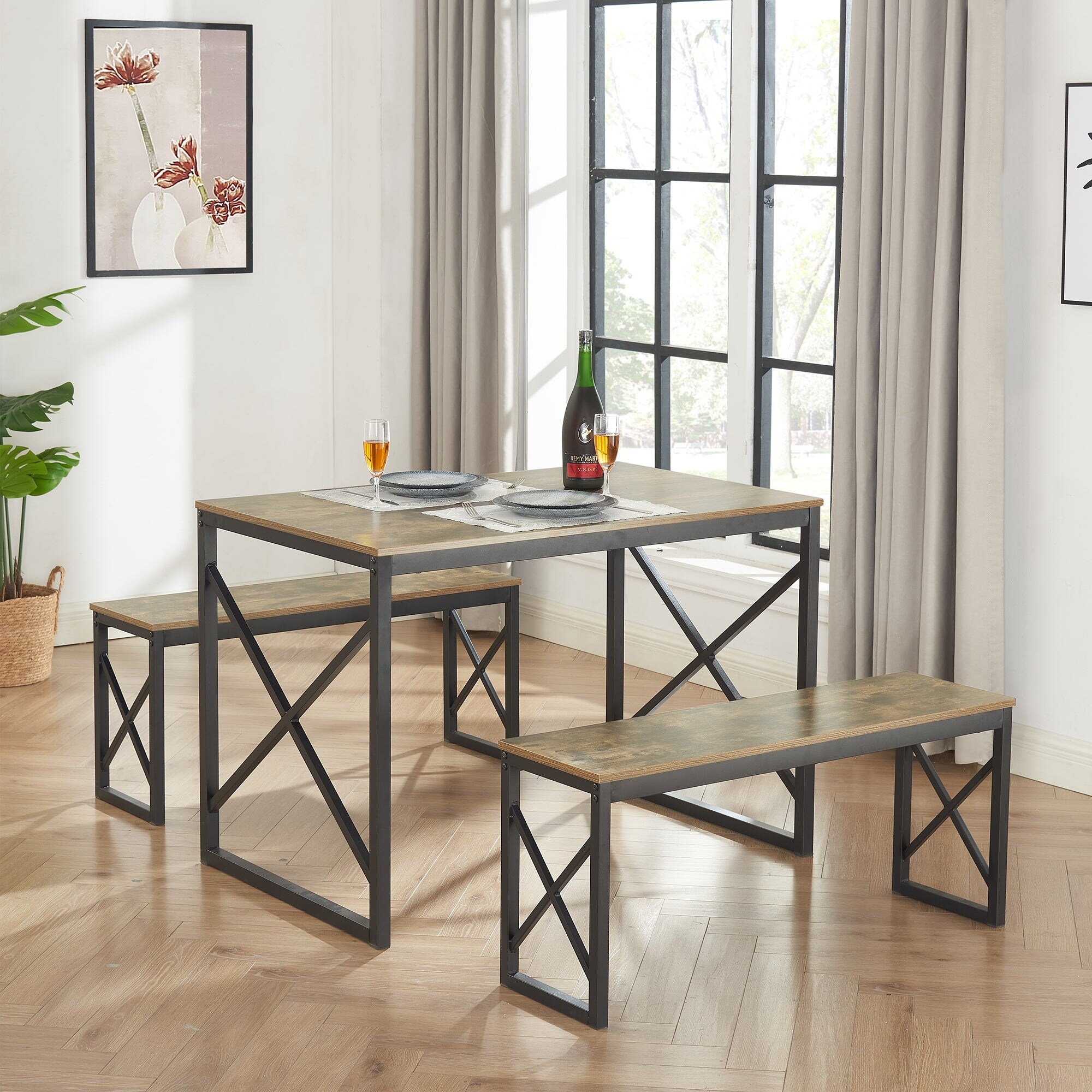 3-Piece Dining Set with Wood Table and 2 Benches