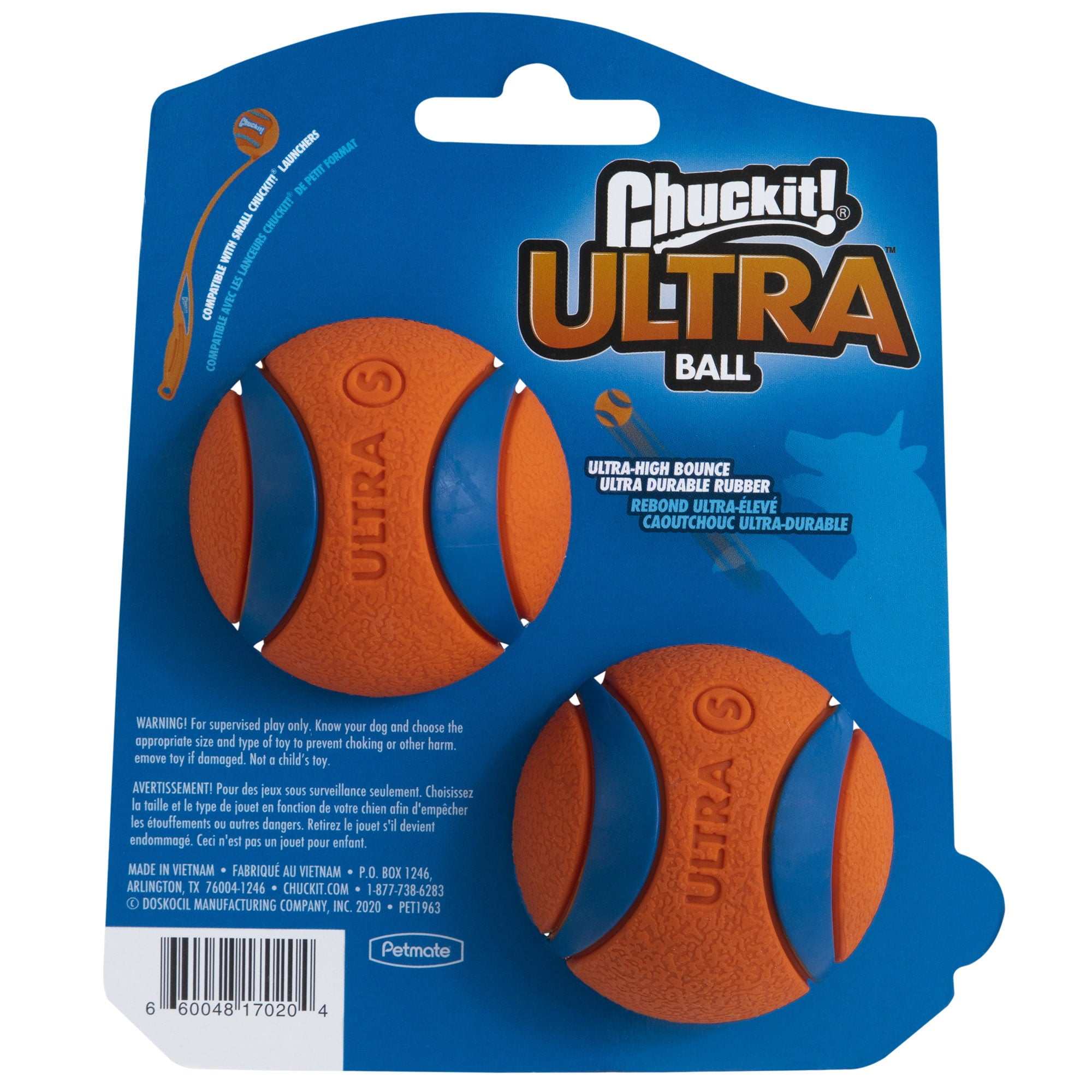 Chuckit! Ultra Dog Toy Ball Bounces and Floats， Bright Orange and Blue， Small， 2 pack