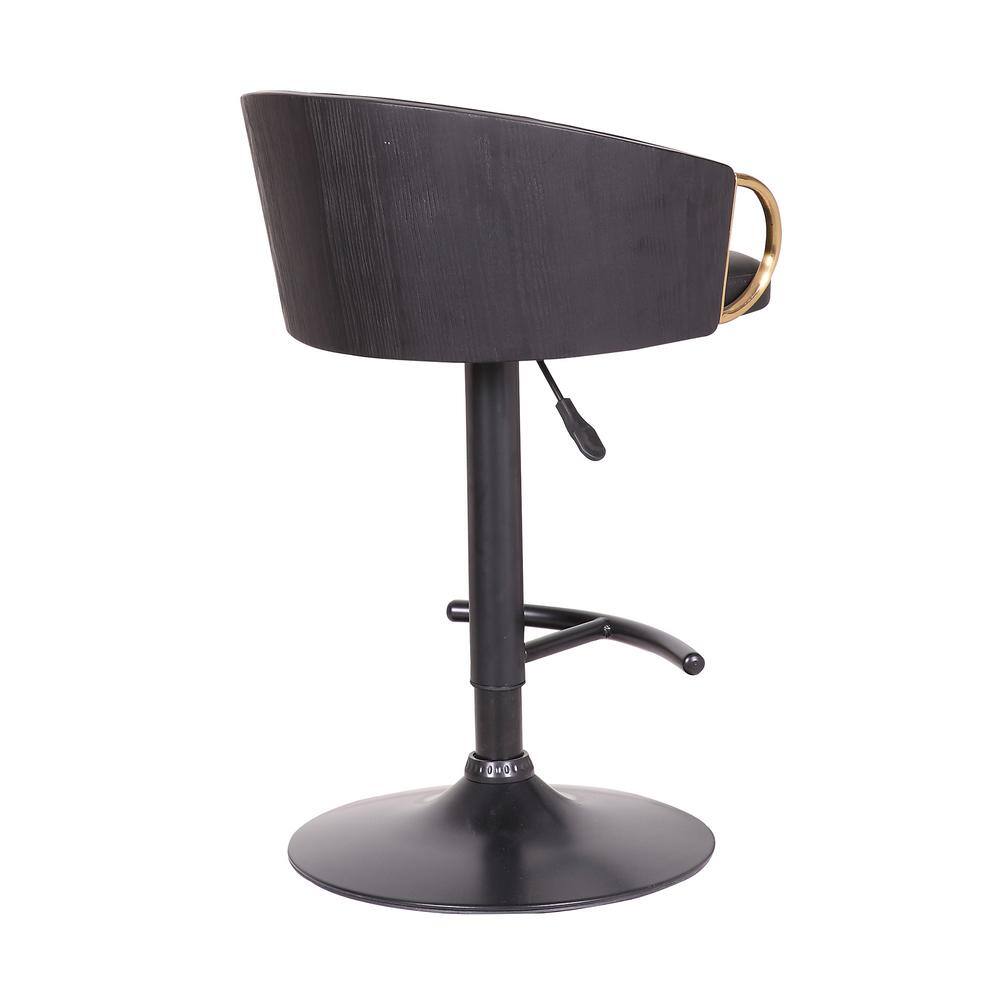 Armen Living Solstice Adjustable Black Faux Leather Swivel Barrstool With Black Powder Coated Finish and Gold Accents LCSCBABLBL