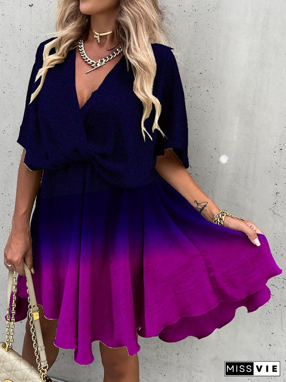 Summer Women Fashion Gradient Mini Dress Elegant Short Sleeve V Neck Loose Pleated Dress Ladies Casual Big Hem Multicolor Dress