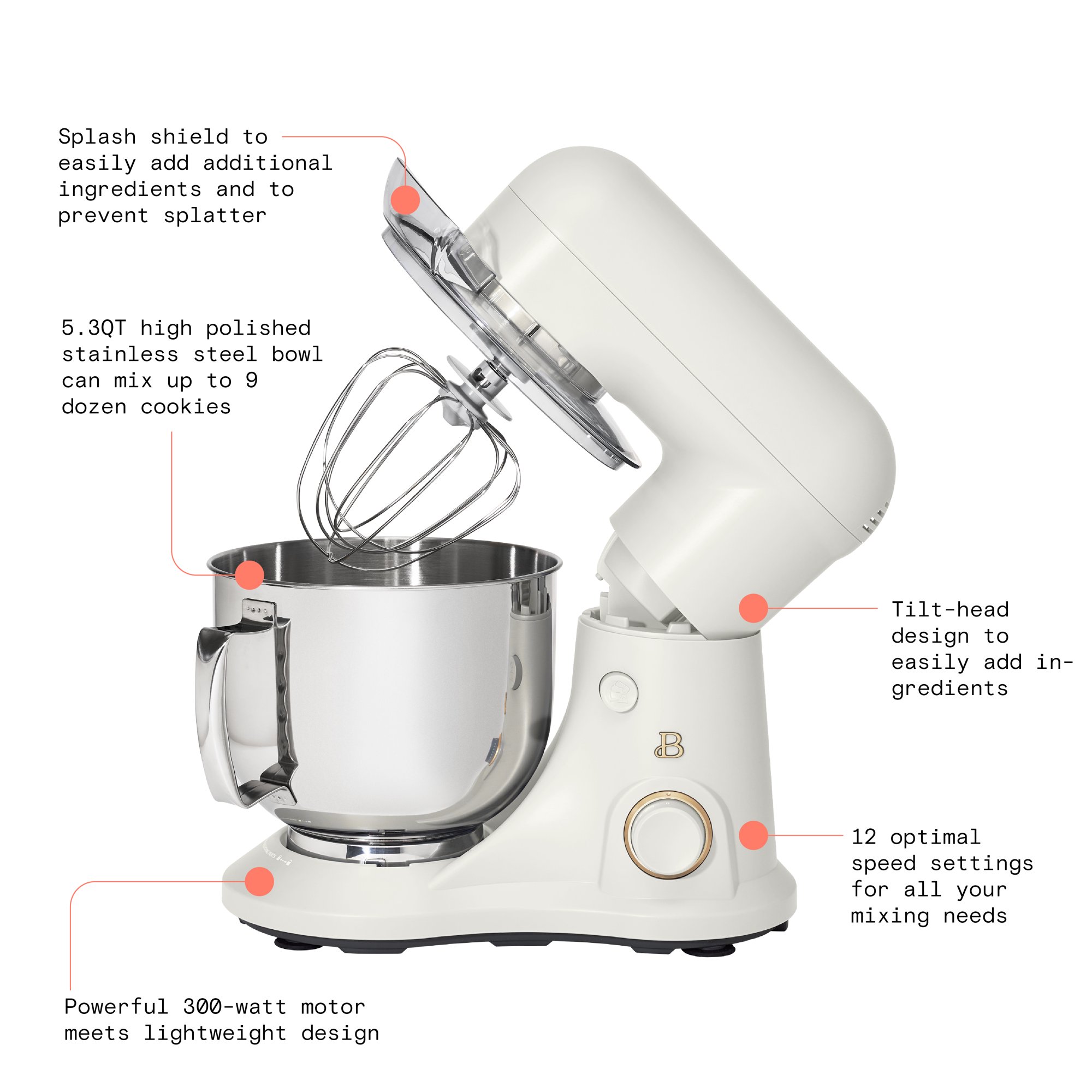 Beautiful 5.3QT Capacity Lightweight and Powerful Tilt-Head Stand Mixer， White Icing by Drew Barrymore