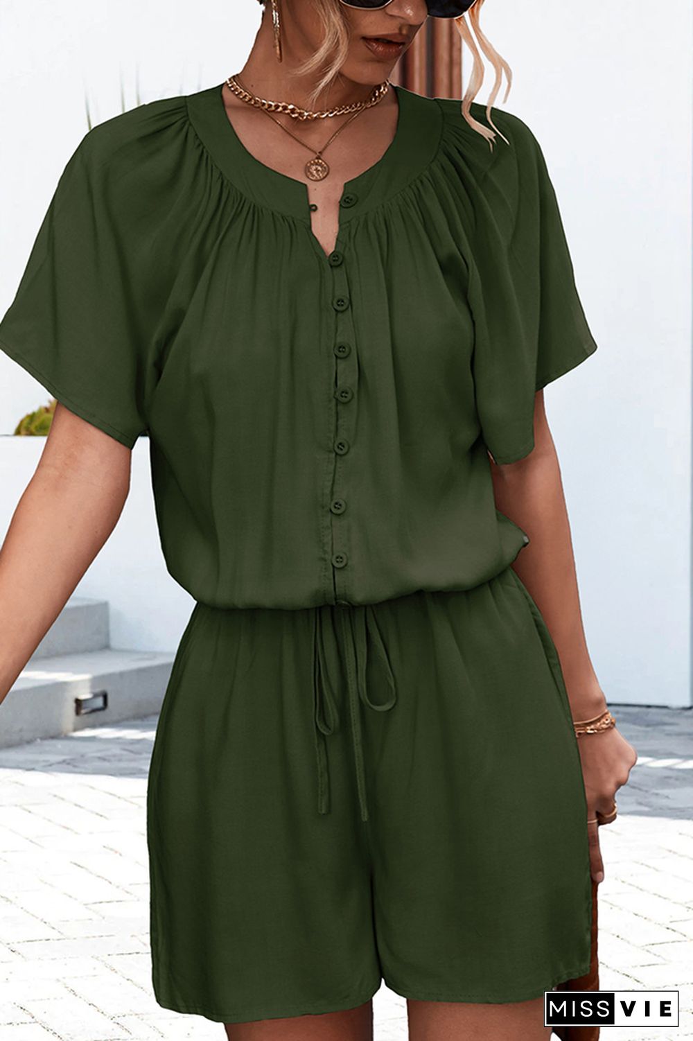 Plain Ruffles Neckline Button Down Rompers