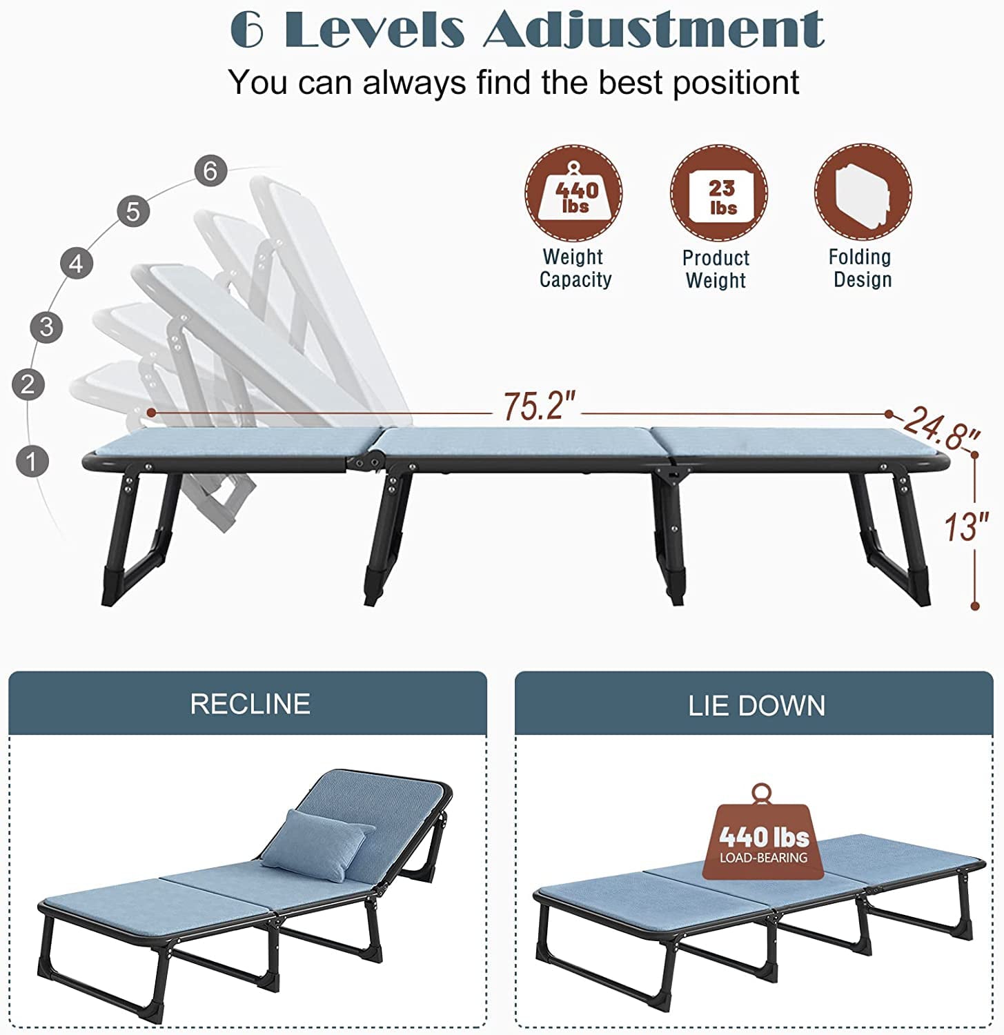 ABORON Folding Camping Bed Cots， Folding Guest Bed with Pillow for Adults Sleeping，Portable Folding Sofa Bed Cot with Frame