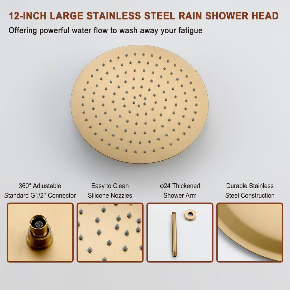 Mondawe Pressure Balanced 3-Spray Patterns 12 in. Ceiling Mounted Rainfall Dual Shower Heads with Handheld in Brushed Gold WF6853-12BG