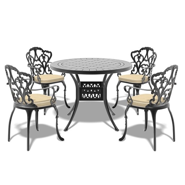 3/5 Piece Cast Aluminum Outdoor Dining Set with 39.37 in. Round Table and Random Color Seat Cushions