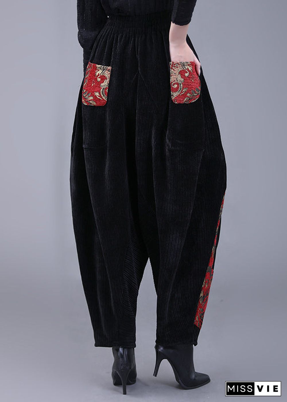 Plus Size Black Pockets Embroideried Corduroy Lantern Pants Fall