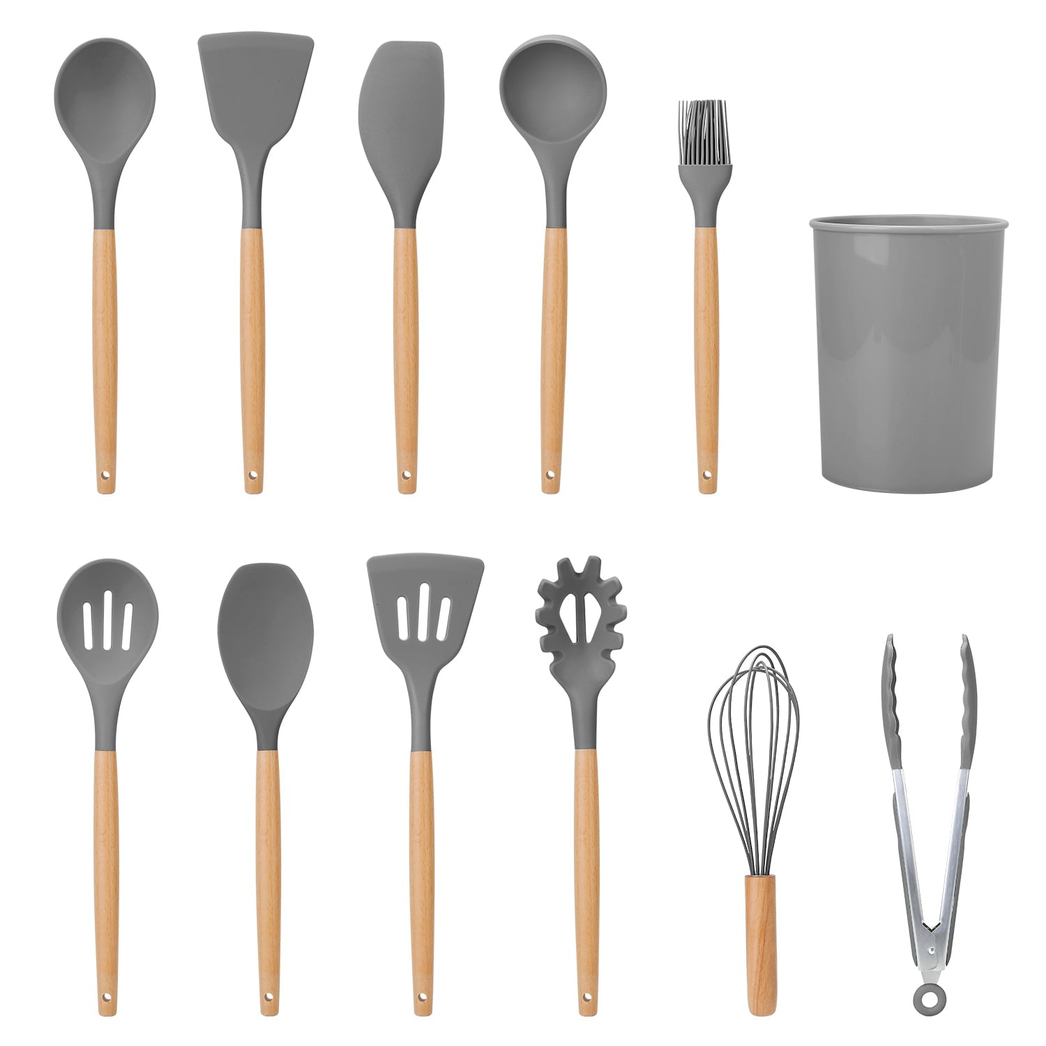 NewHome 11Pcs Silicone Cooking Utensil Set Heat Resist Wooden Handle Silicone Spatula Turner Ladle Spaghetti Server Tongs Spoon Egg Whish Kitchenware Set With Holder Grey