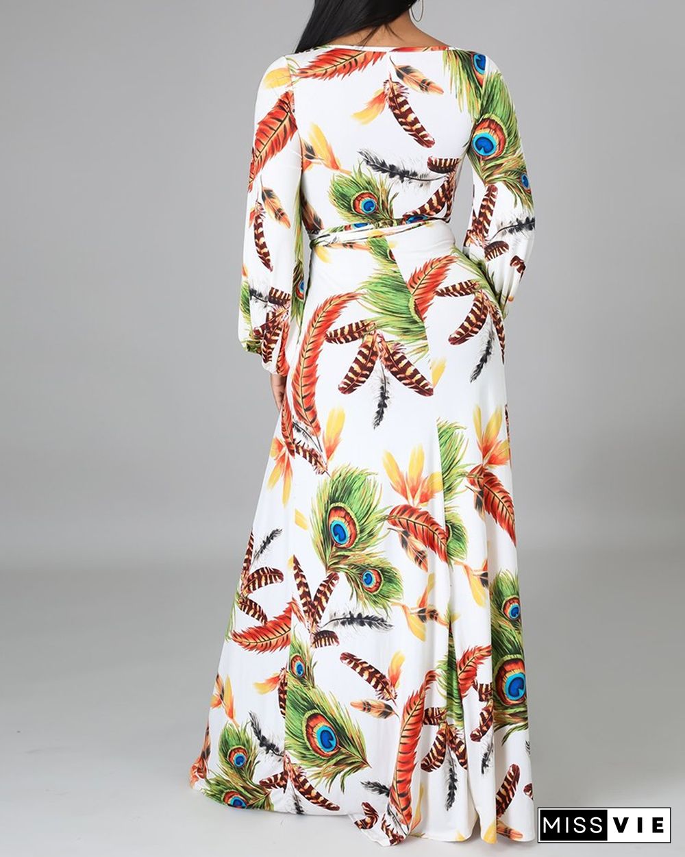 Tropical Print Long Sleeve High Slit Maxi Dress