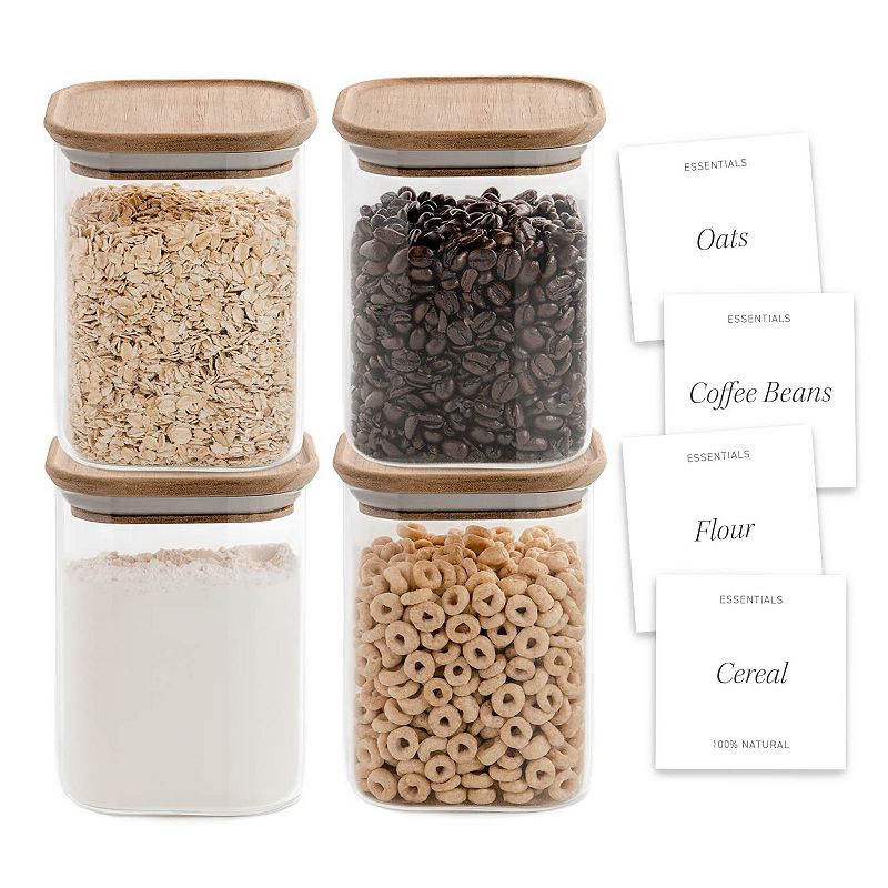 Bloom and Breeze Airtight Food Storage Containers ， Stackable with Labels， Glass Storage Containers With Acacia Wood Lids， Cereal and Pasta Containers For Pantry and Kitchen 4-Piece Set 32oz