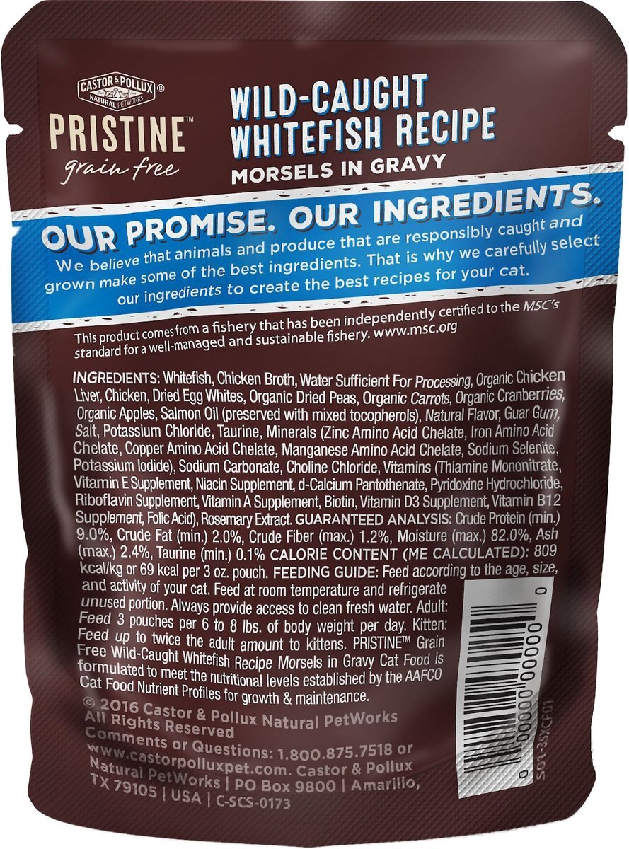 Castor and Pollux PRISTINE Grain-Free Wild-Caught Whitefish Recipe Morsels in Gravy Cat Food Pouches