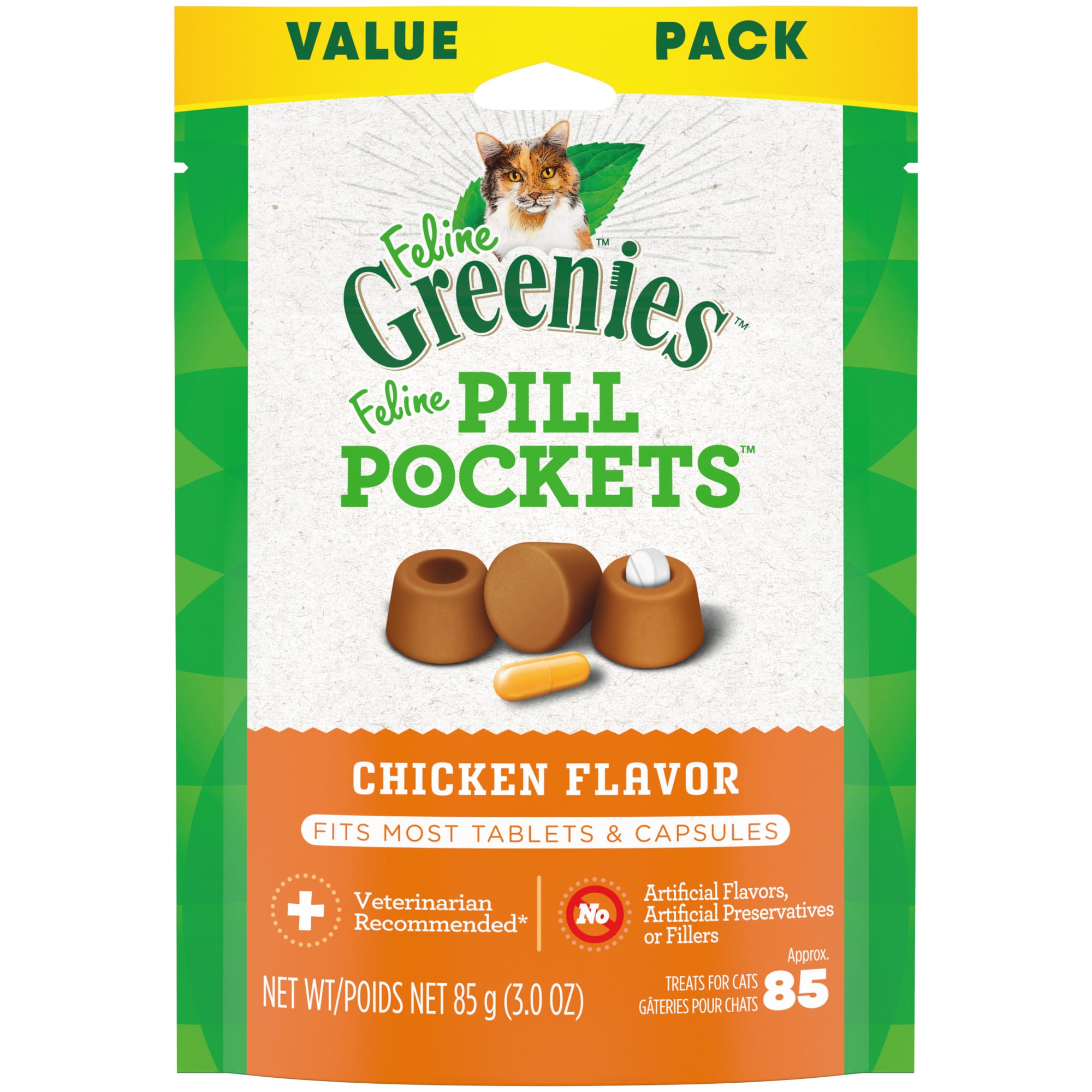 Greenies Pill Pockets Chicken Flavor Natural Soft Cat Treats， 3 oz.