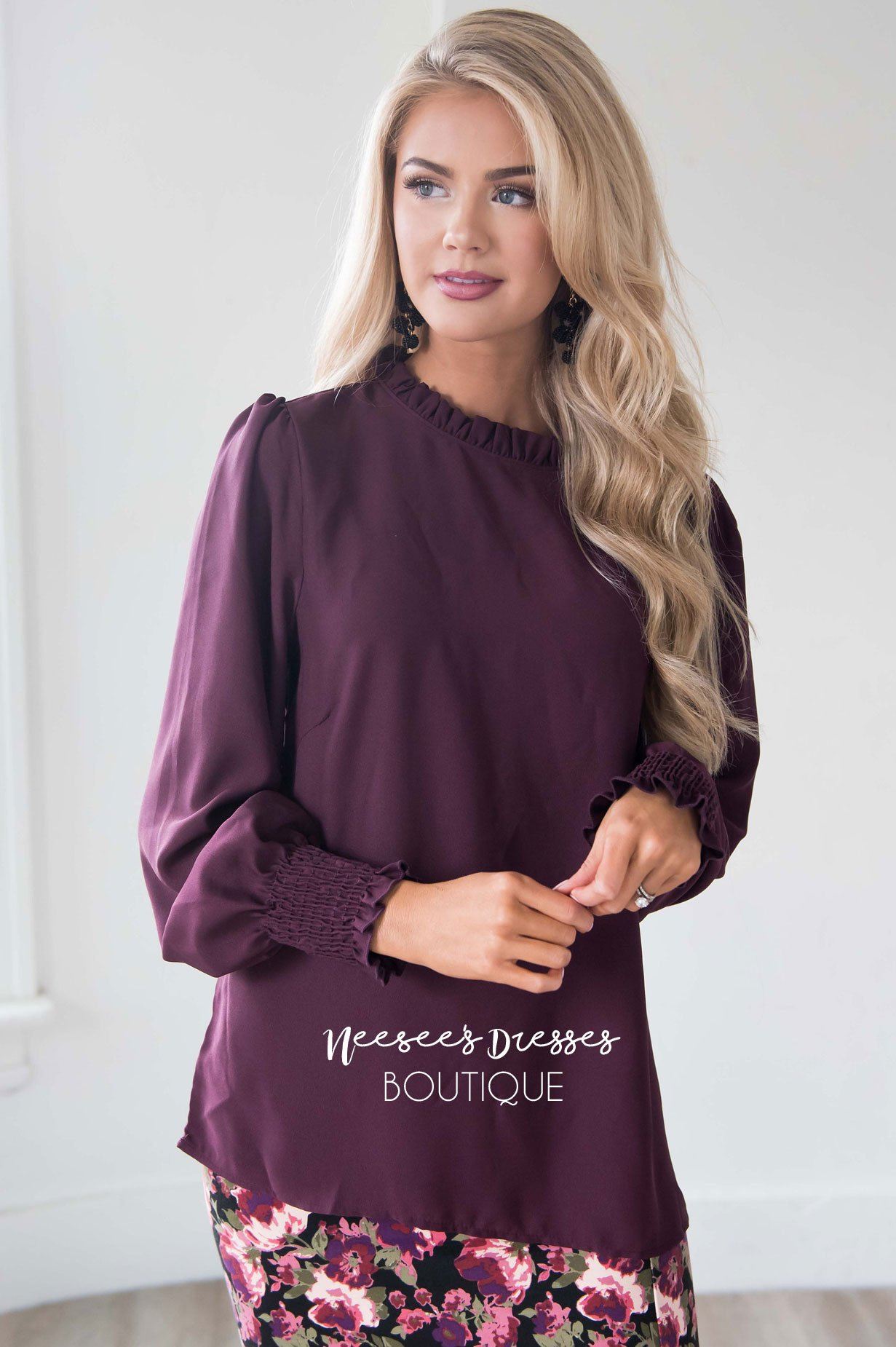 Plum Ruffle Neck Smocked Wrist Blouse